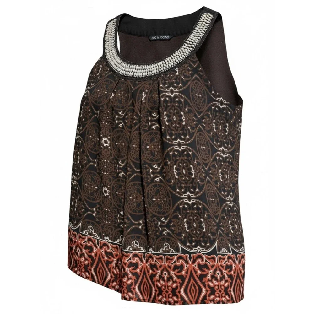 Zac & Rachel XL Sheer Beaded Blouse Brown Boho Print Sleeveless Lined Top - Picture 2 of 5